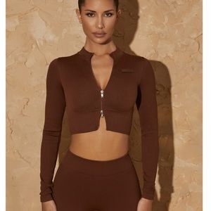 Ribbed Zip-Front Crop Top in Chocolate Brown